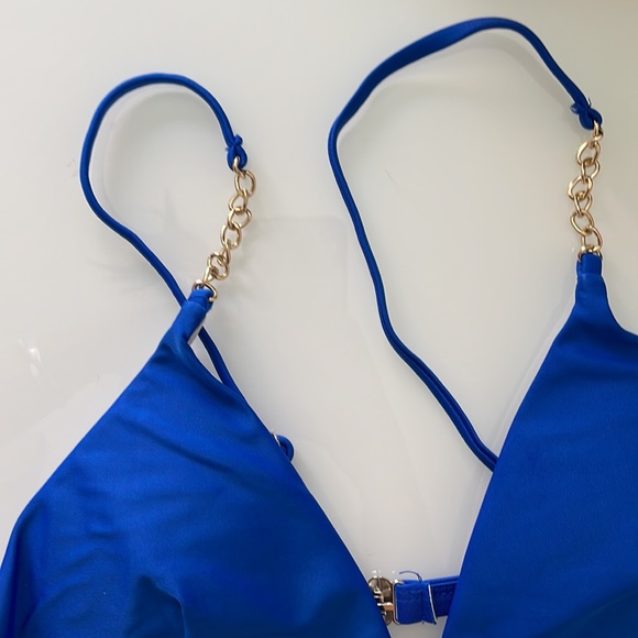 Royal Cobalt Blue Contrast Trim Triangle Bikini Chain Link Straps Size M - Picture 9 of 15